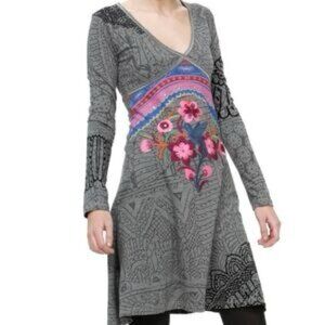 Desigual Dress Fit & Flare Hummingbird Embroidered Art Abstract Empire Waist L